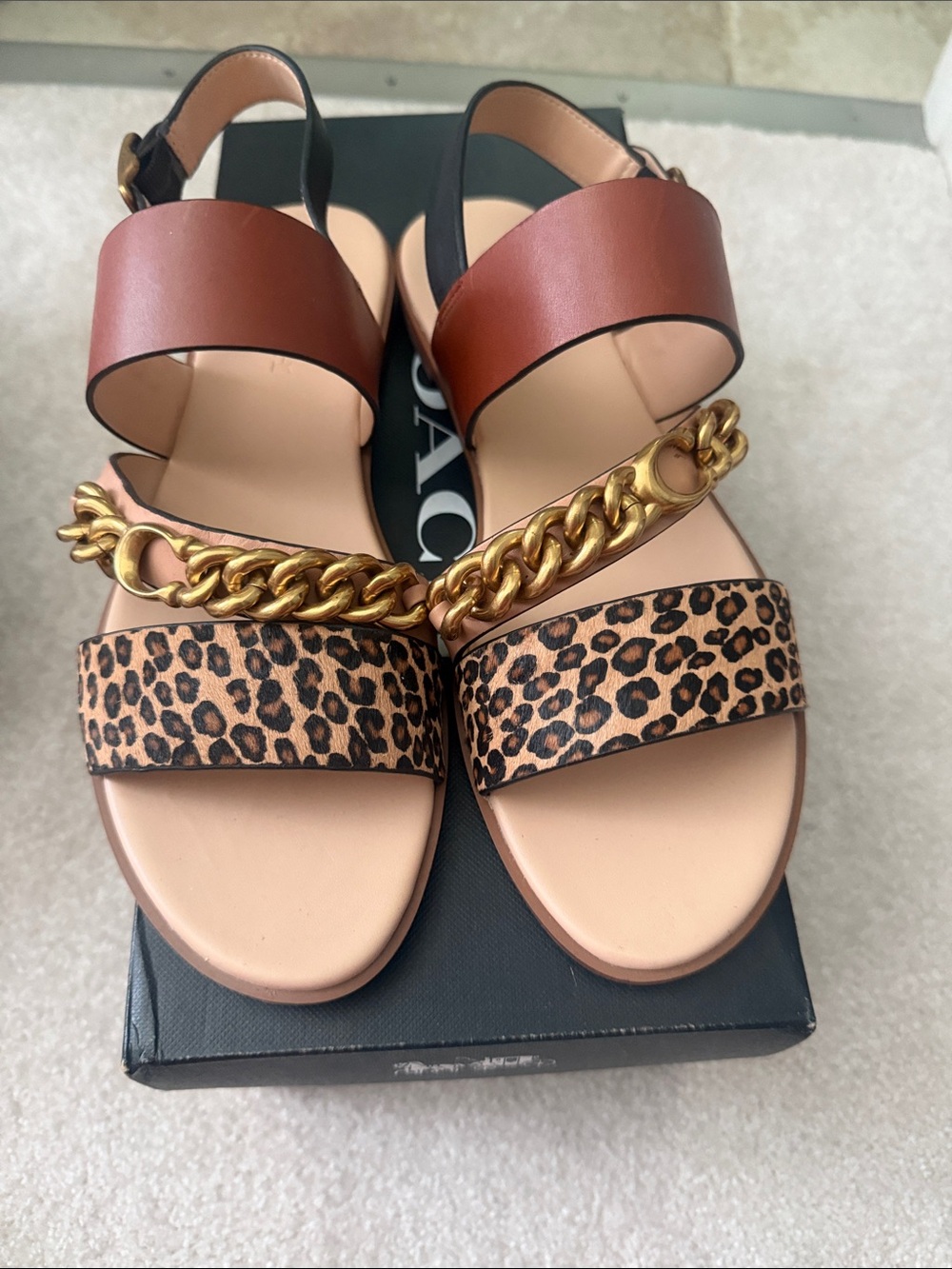 Coach Women’s Leopard & Brown Chain-Accent Sandals 9.5